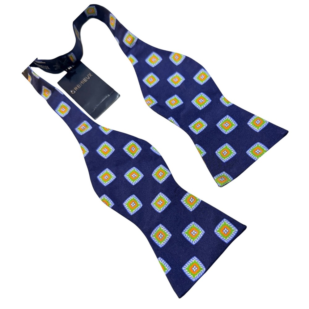Cremieux Bow Necktie Blue Silk Geometric Medallion Adjustable Self-Tie Dapper